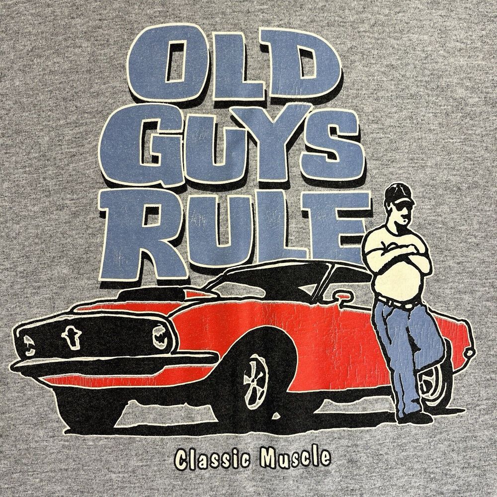Old Guys Rule T-Shirt Mens XL Gray Classic Muscle Mustang Car Graphic Tee